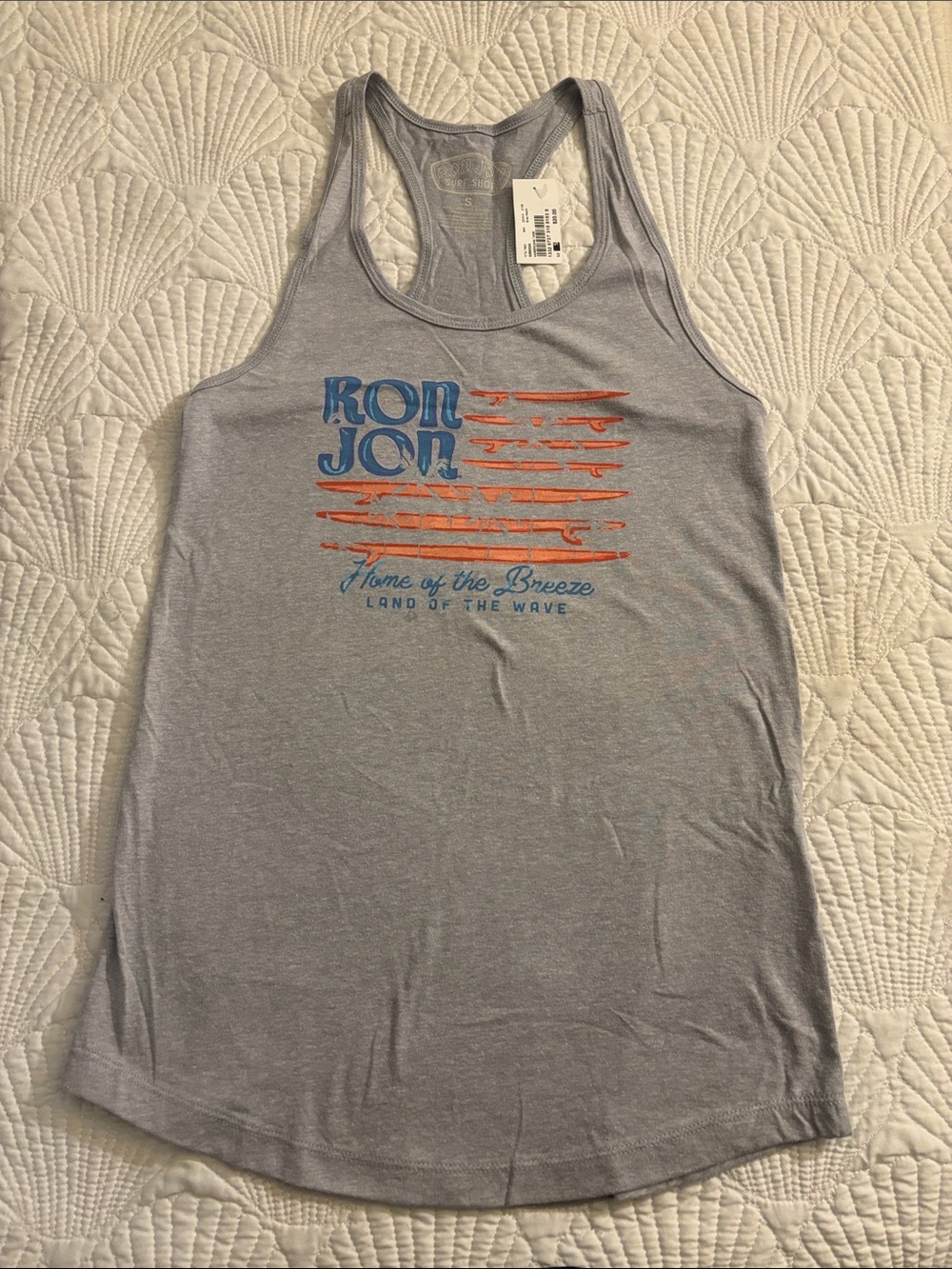 Ron Jon Light Gray Racerback Tank with Blue Logo & Orange Surf Graphic